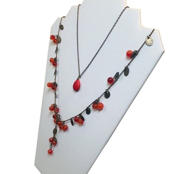 Vintage Cherry Red Ball Beaded Brass Y-Drop Layered Statement Necklace Set 28” - Picture 4 of 5